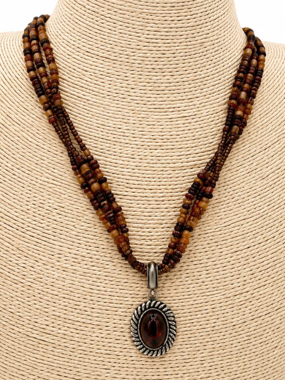 Avon Tiger Eye Faux Bead Pendant Necklace – Boho Brown Multi-Strand Statement